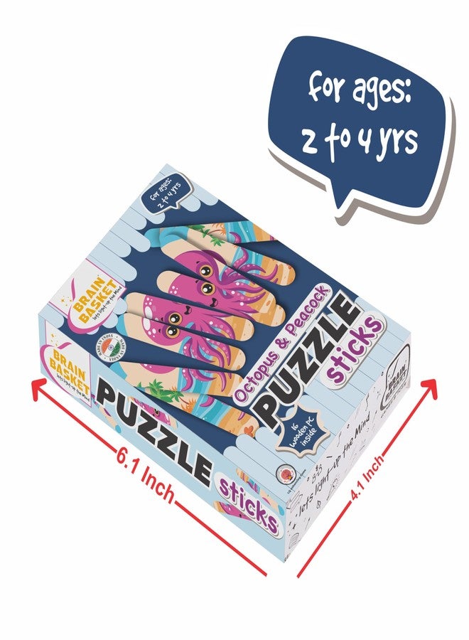 BRAIN BASKET Pack of 2 Wooden Stick Puzzles for Kids 2-4 Years, Preschool Montessori Educational Toy | Fun Way to Learn Animal Names Octopus and Peacock| Puzzle & Scrabble Game for Kids - Image 2